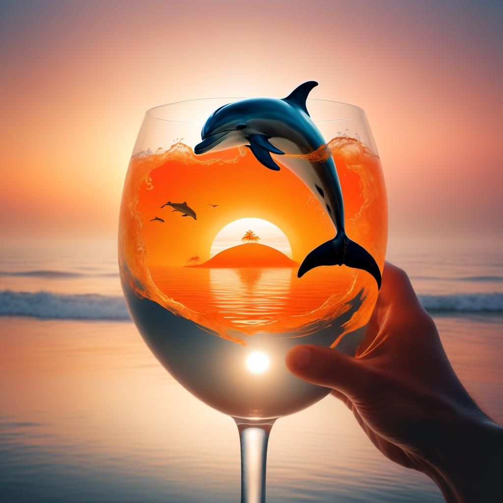 Orange Dolphin Silhouette Double Exposure Beach Cocktail