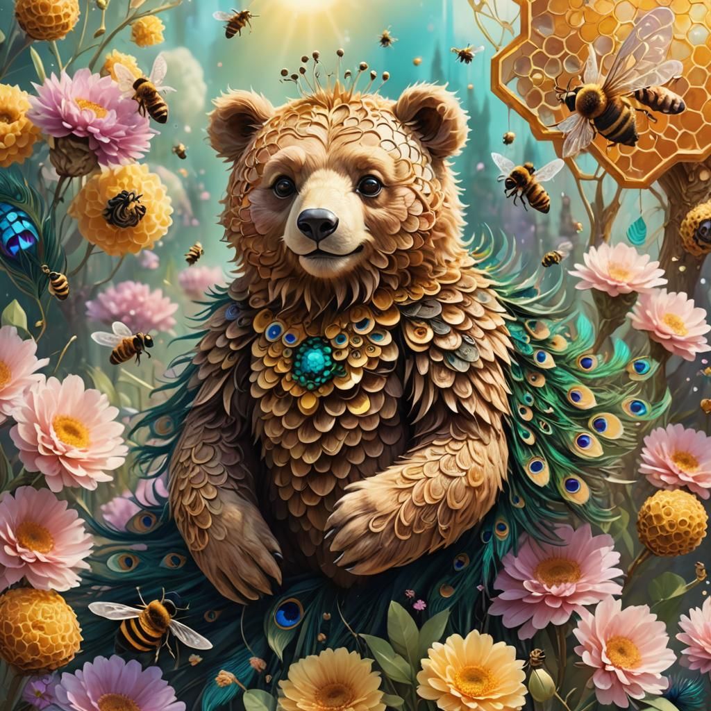 Peacock Feather Teddy Bear Over Honeycomb: Fantasy Art