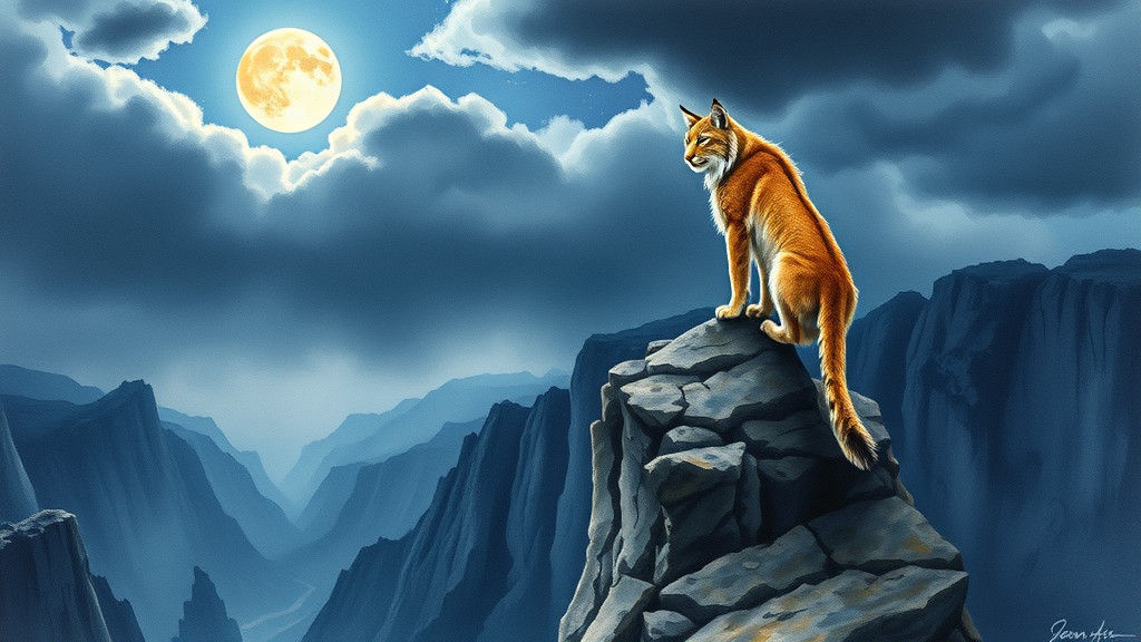 Lynx Overlooking Moonlit Landscape, Watercolor Style