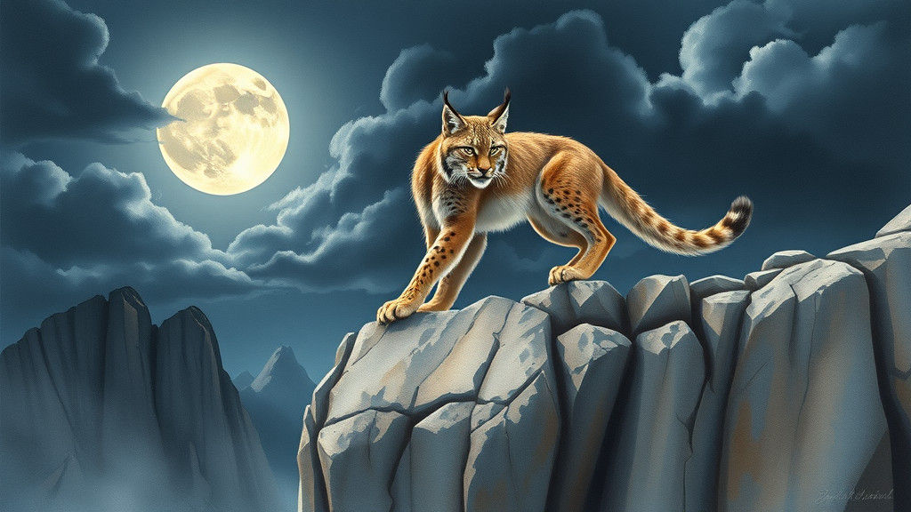 Lynx on Rocky Cliff in Watercolor Painting Style
