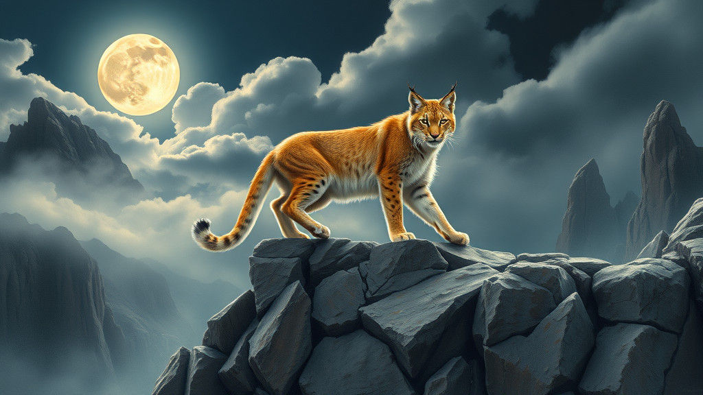 Lynx on Rocky Cliff in Atmospheric Landscape