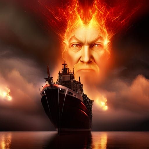 Fiery Bearded Man Rises from Burning Horizon