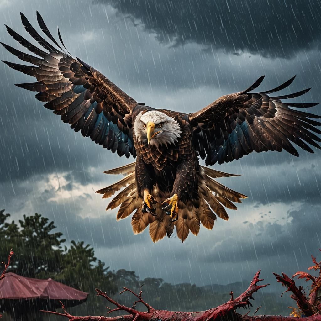 Eagle Taking Flight in Rainy, Epic Fantasy Style