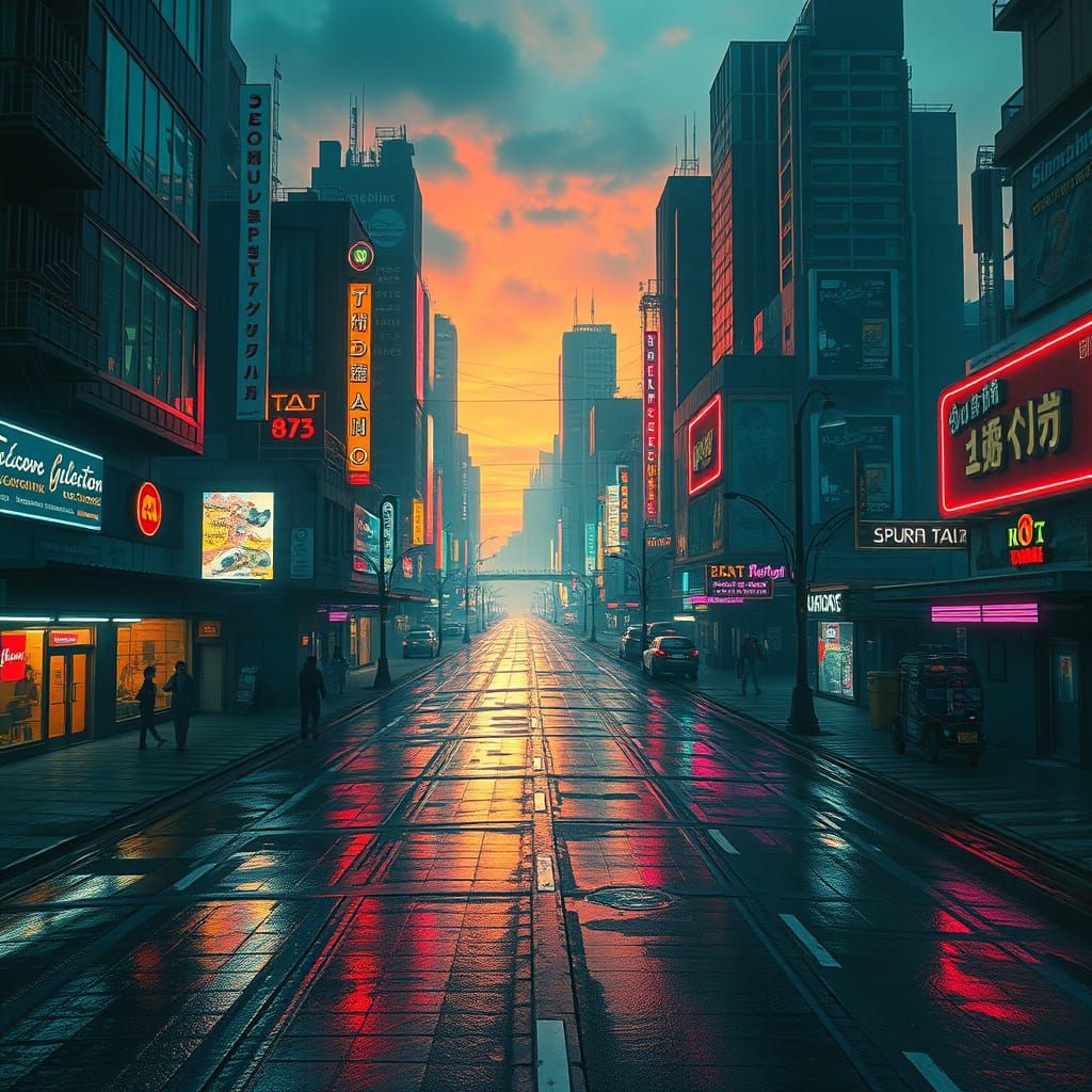 Futuristic Metropolis at Dusk, Neon Lights Reflecting Off We...