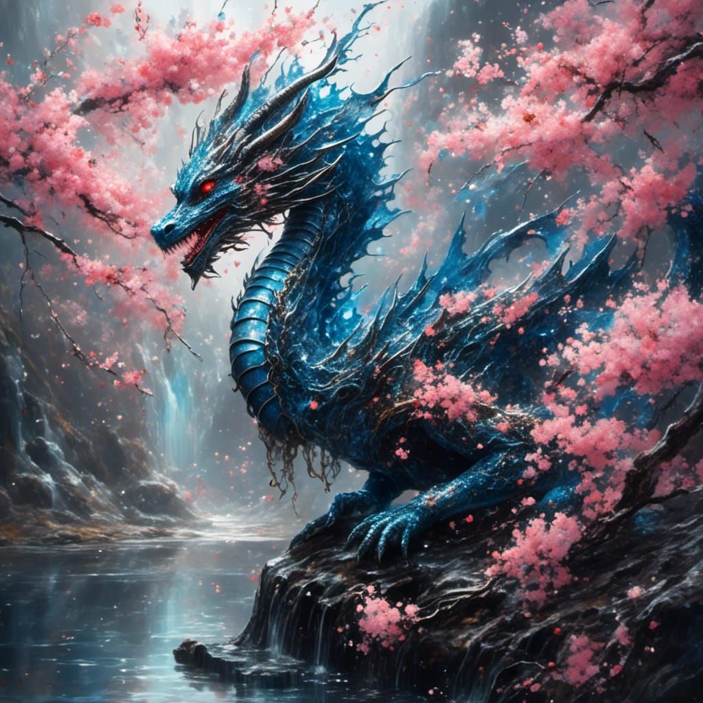 Cyberpunk River Dragon with Cherry Blossoms