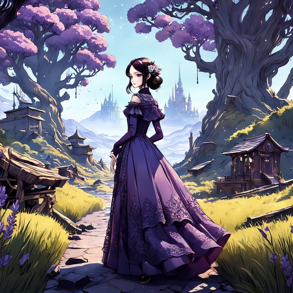 Mysterious Anime Goddess in Resplendent Purple Gown