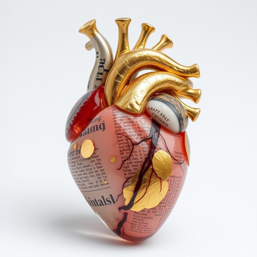 Mixed Media Anatomical Heart Art with Glass and Gold