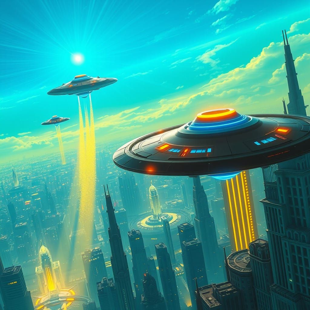 Surreal Futuristic Cityscape Under Electric Blue and Sunshin...