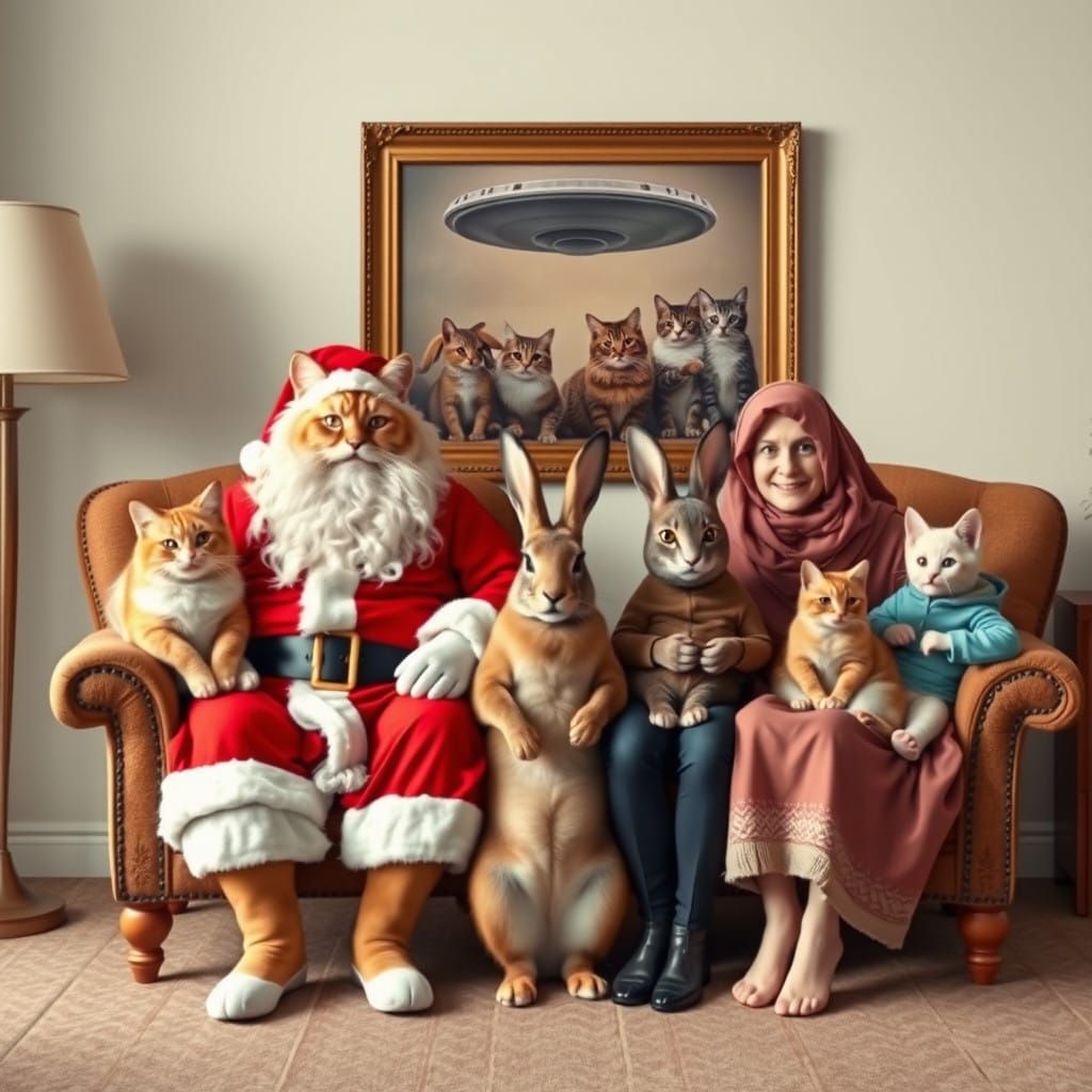 Whimsical Family Portrait with a Feline Twist in the Style o...