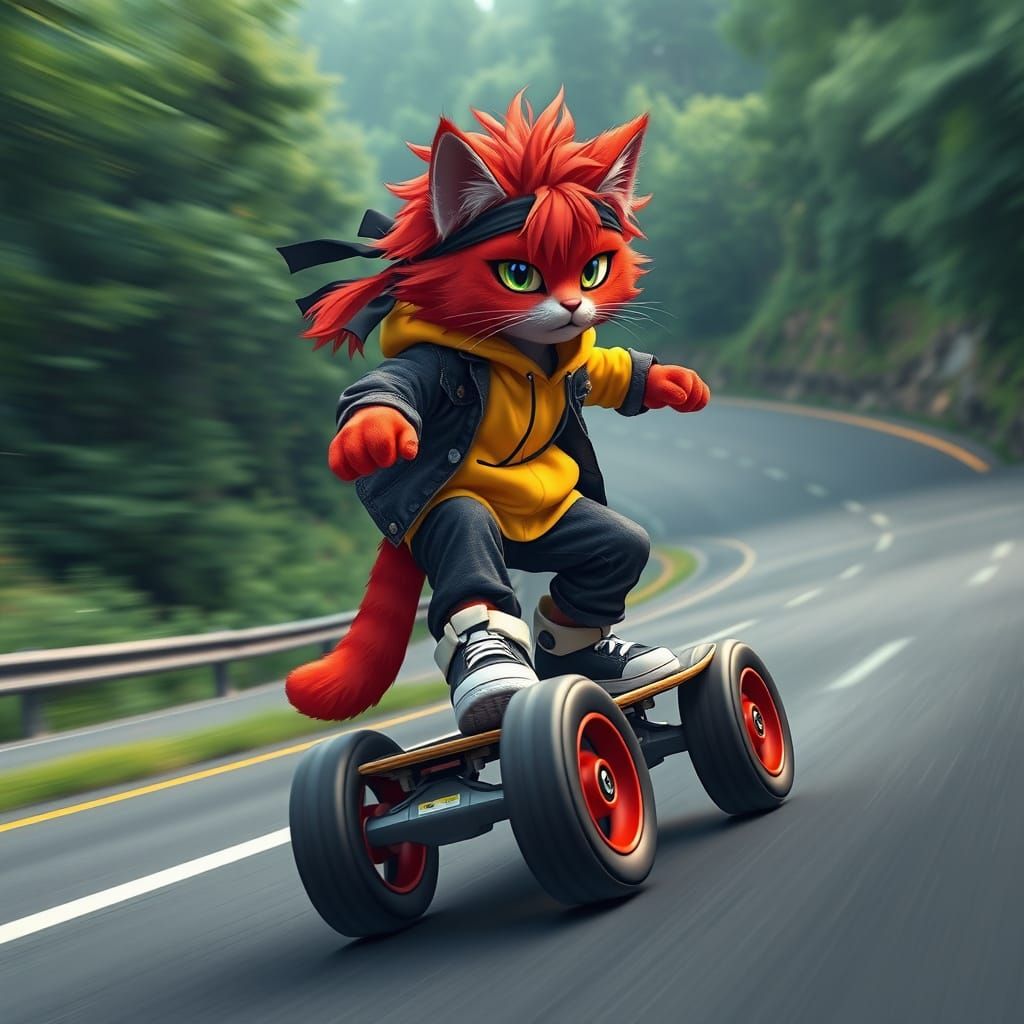 Vibrant Anime-Style Cat Rides Skateboard Through Emerald For...