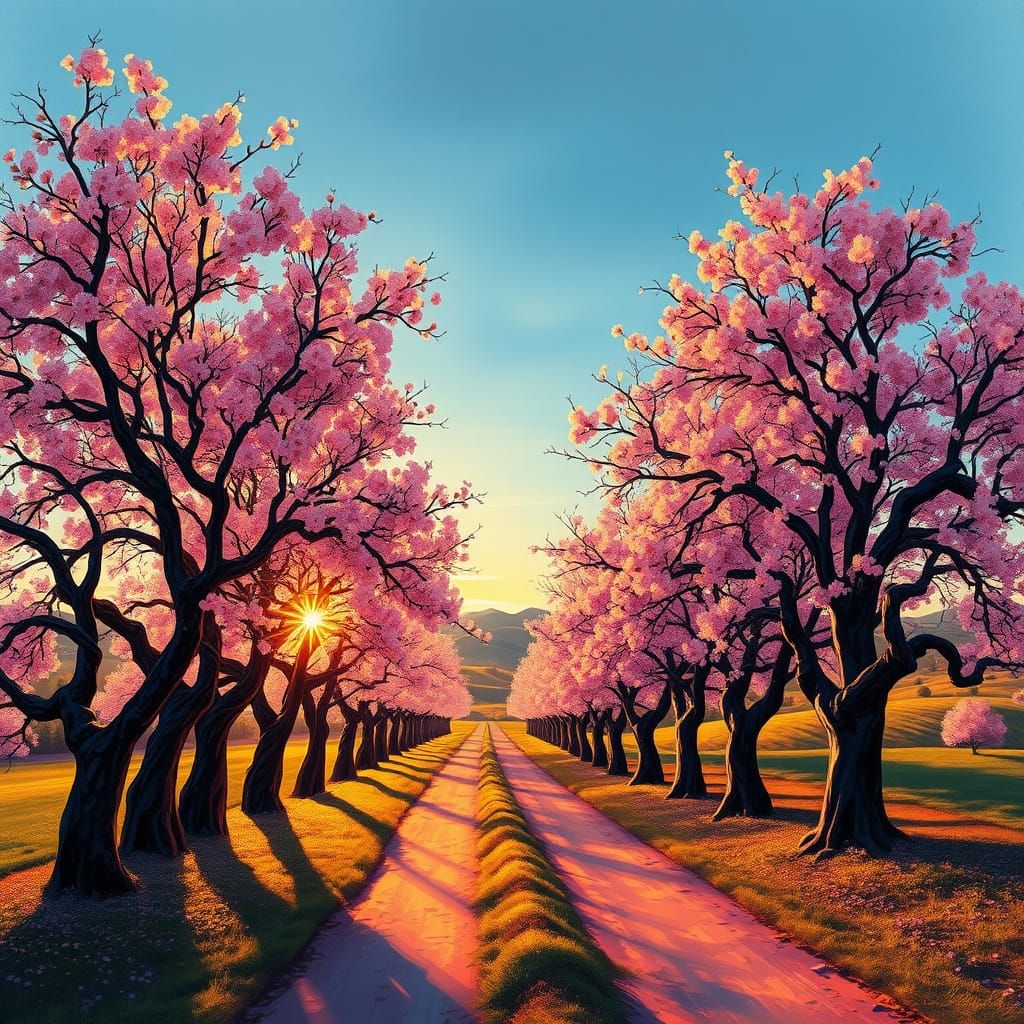 Cherry Tree Avenue at Dusk, in Vibrant, Impressionistic Styl...