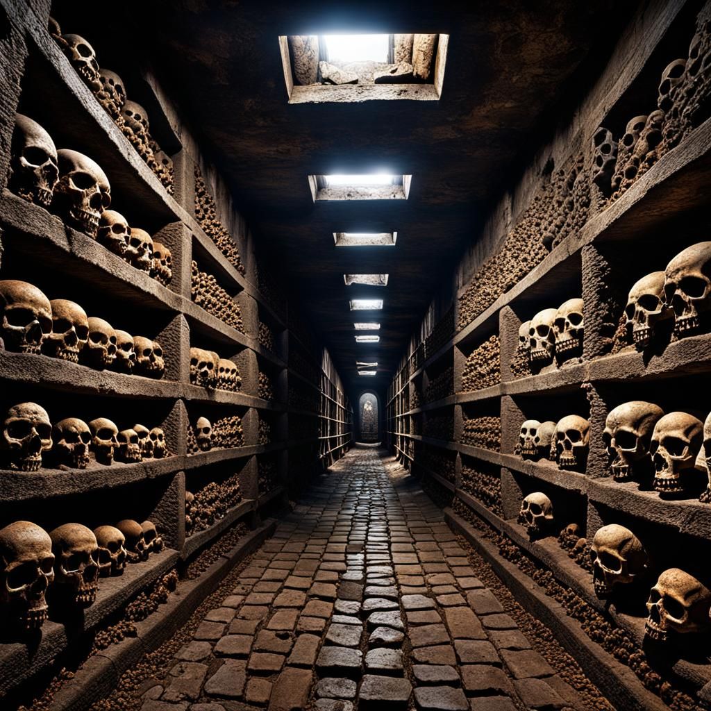 Hyperrealistic Catacomb Lined with Standing Human Remains