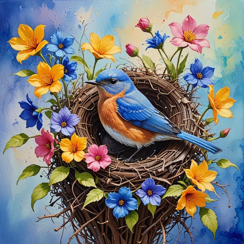 Vibrant Bluebird Amidst Blooming Flowers in Neo-Expressionis...