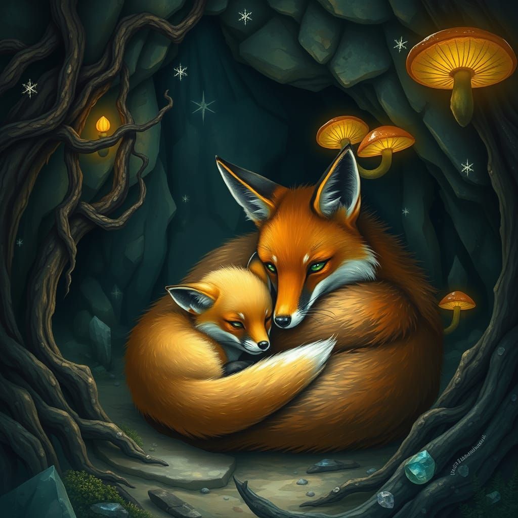 Mystical Fox Mother and Cub in Enchanted Cave