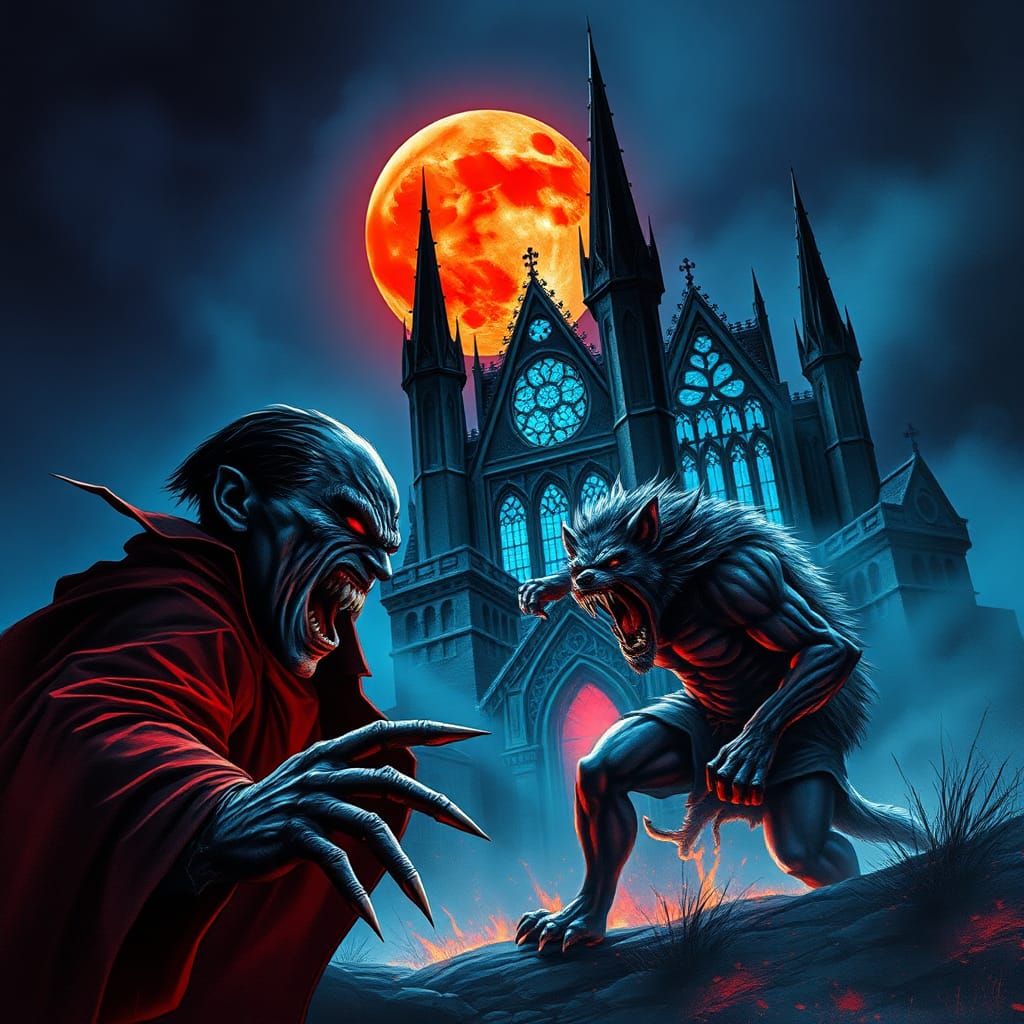 Dracula vs Wolf Man Under Red Moon
