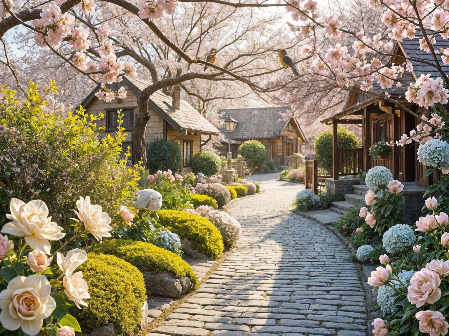 Springtime Village Scene in Pastel Hues