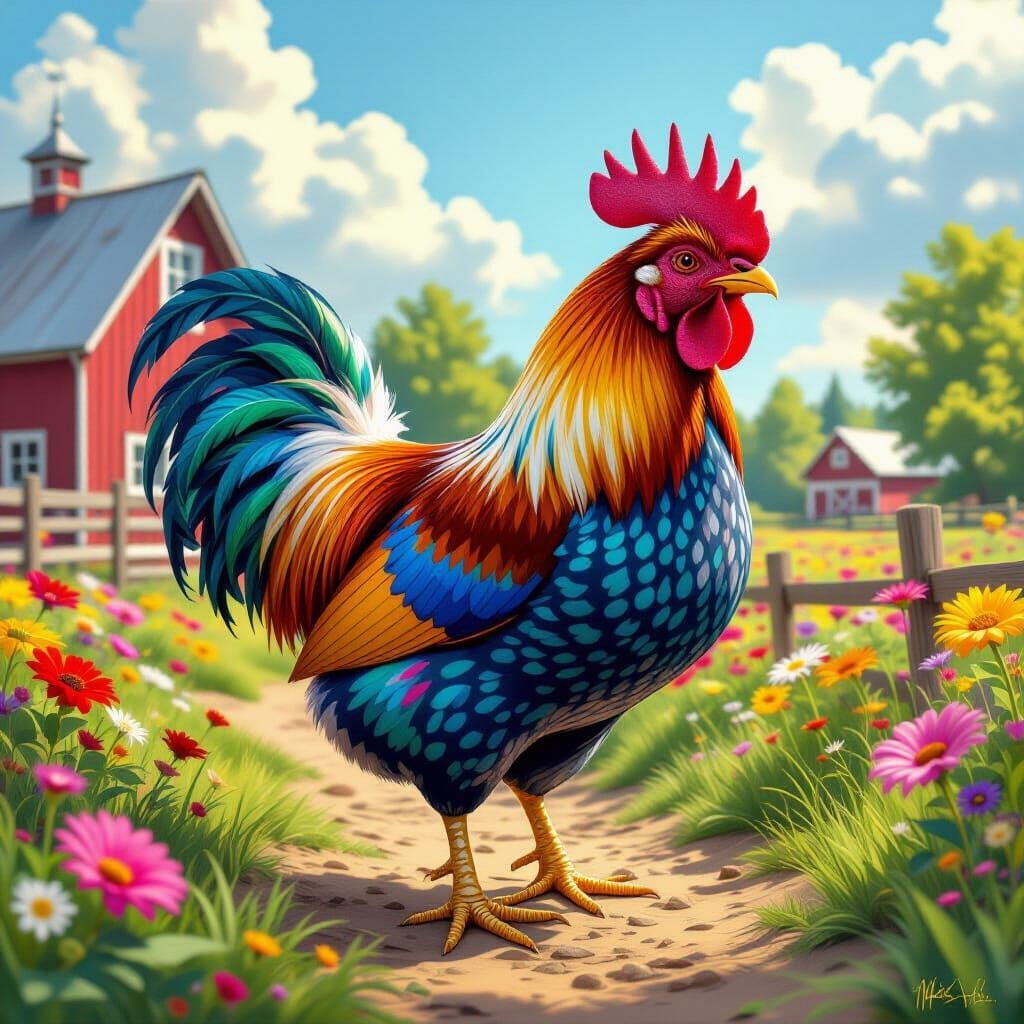 Vibrant Rainbow Chicken on Enchanted Farm