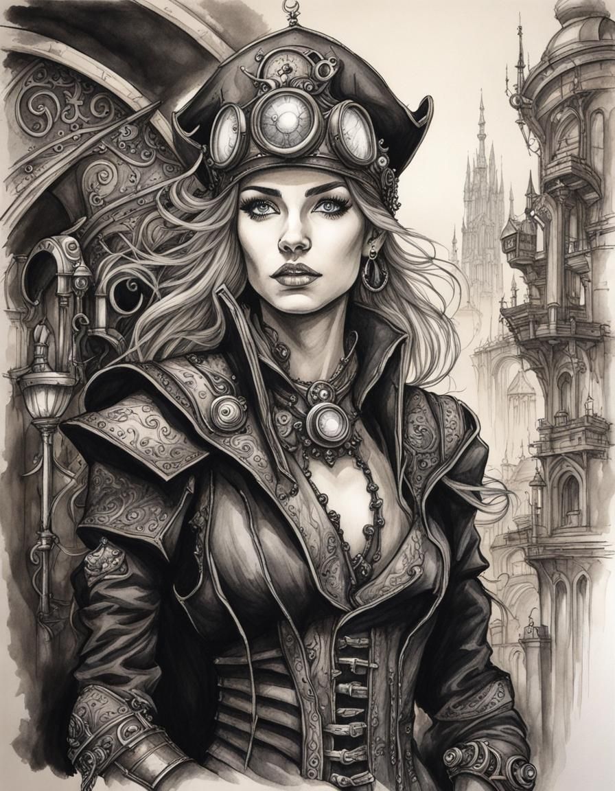 Fantasy Elf Portrait in Steampunk Urban Sketch Style