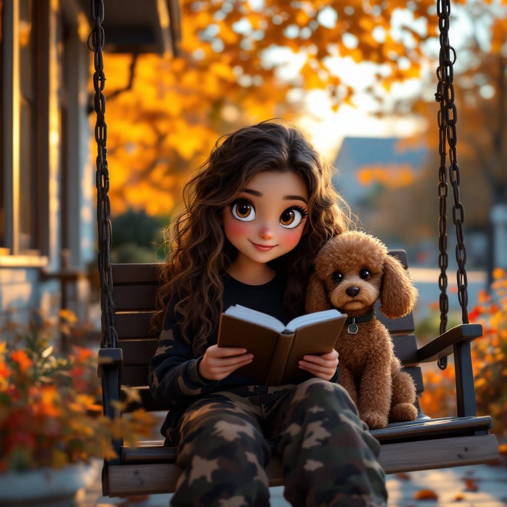 Chibi Woman Reads With Poodle in Autumn Evening Light