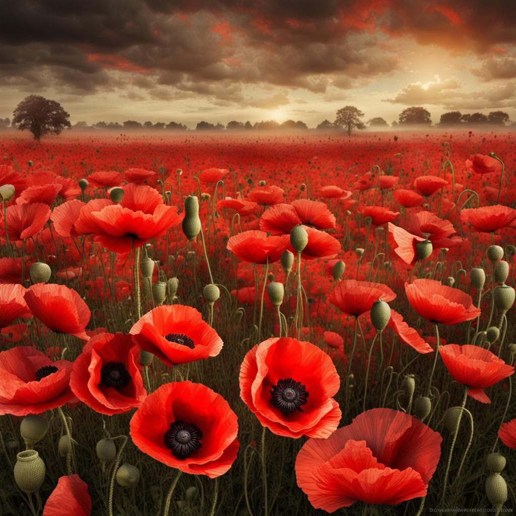 Field of Red Poppies in Photographic Style