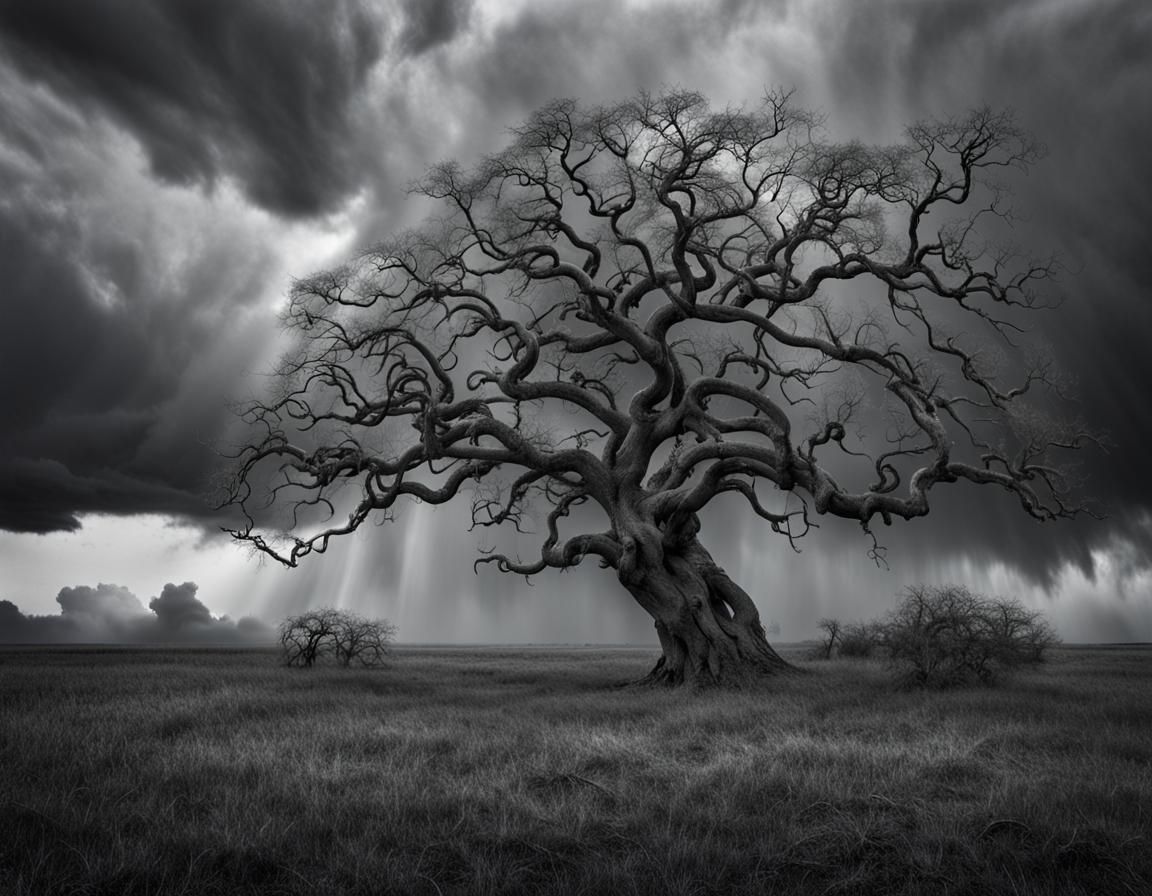 Dramatic Grayscale Tree Silhouette Against Cloudy Sky