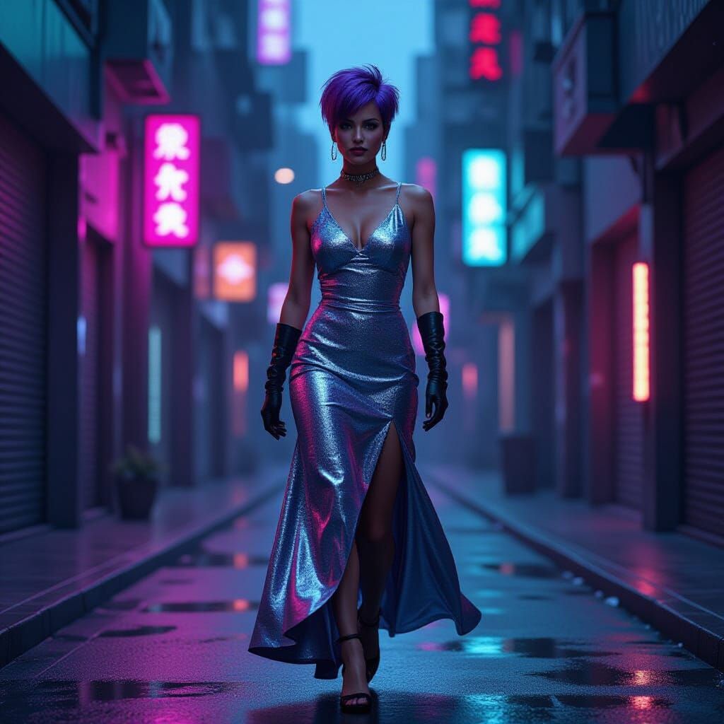 Cyberpunk Woman in Neon City Alleyway