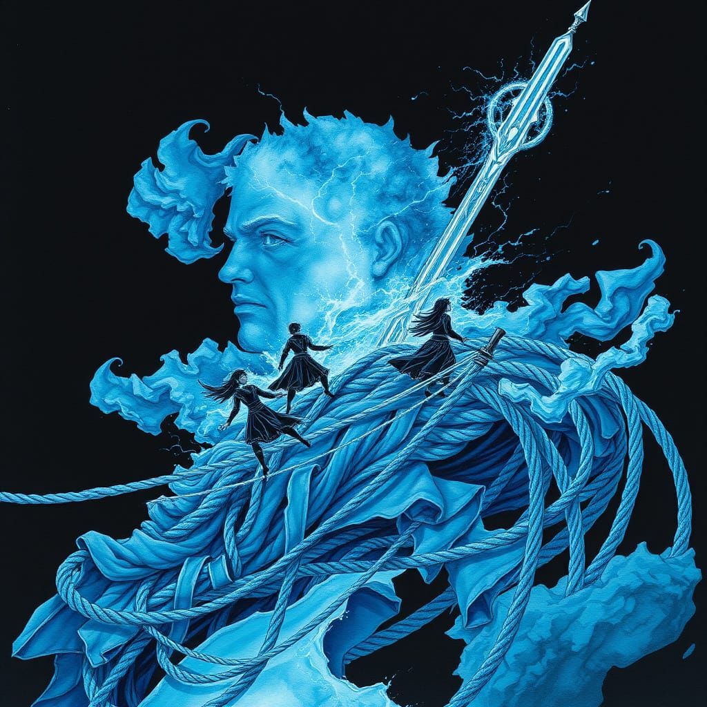 Stormy Silhouette with Dynamic Figures in Watercolor Style