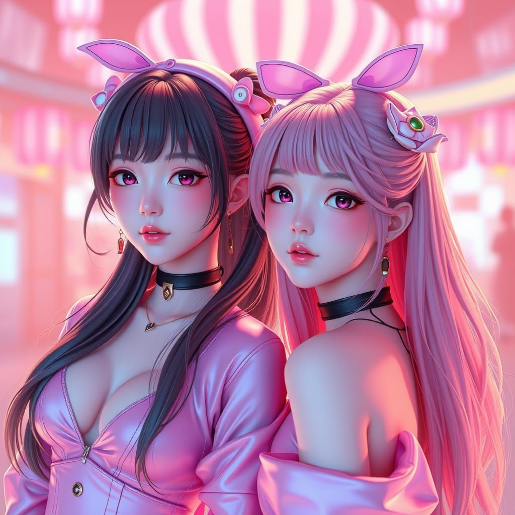 Cute Girls in Pink: Anime-Inspired 3D Art