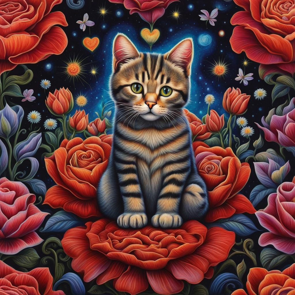 Cat Surrounded by Flowers in Visionary Art Style