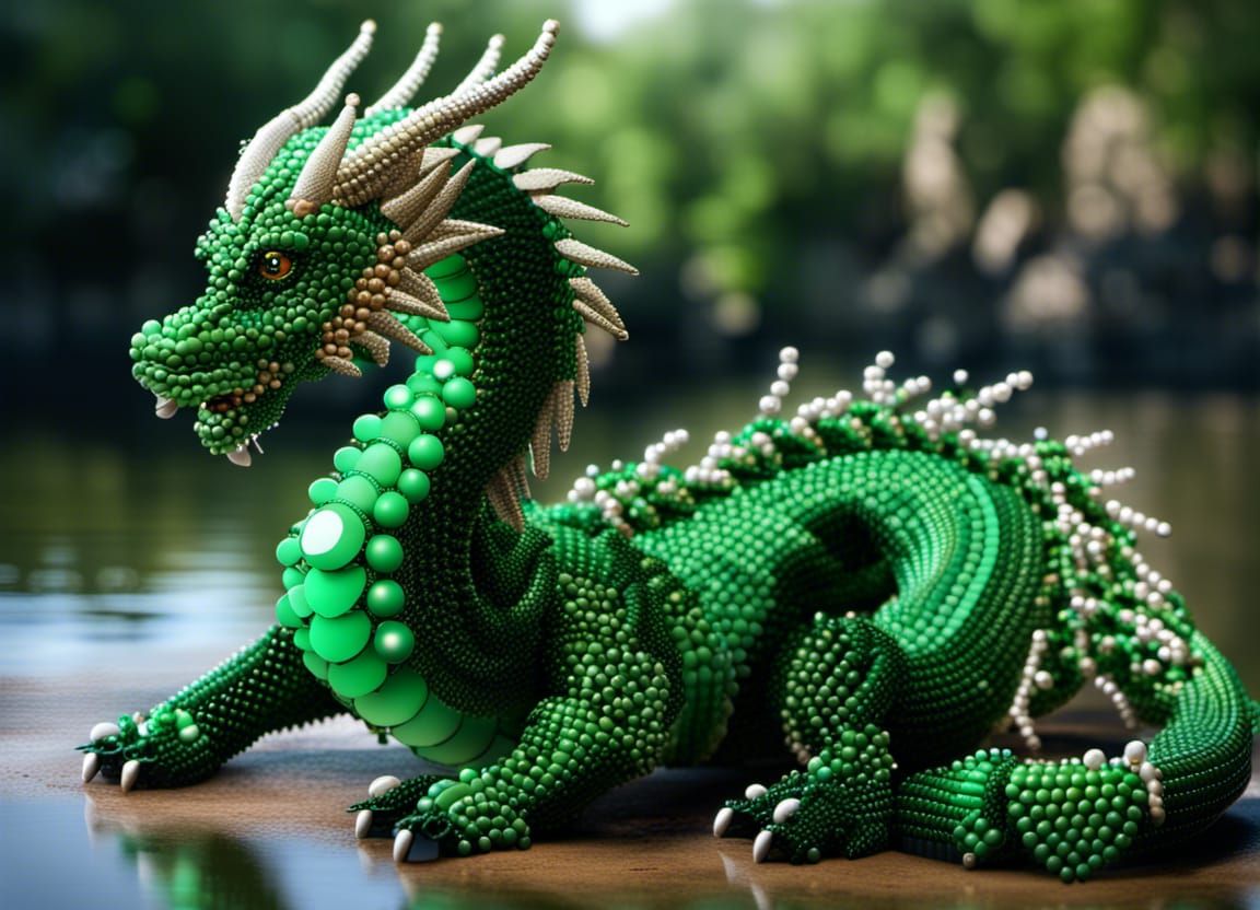 Beaded Green Dragon by a River