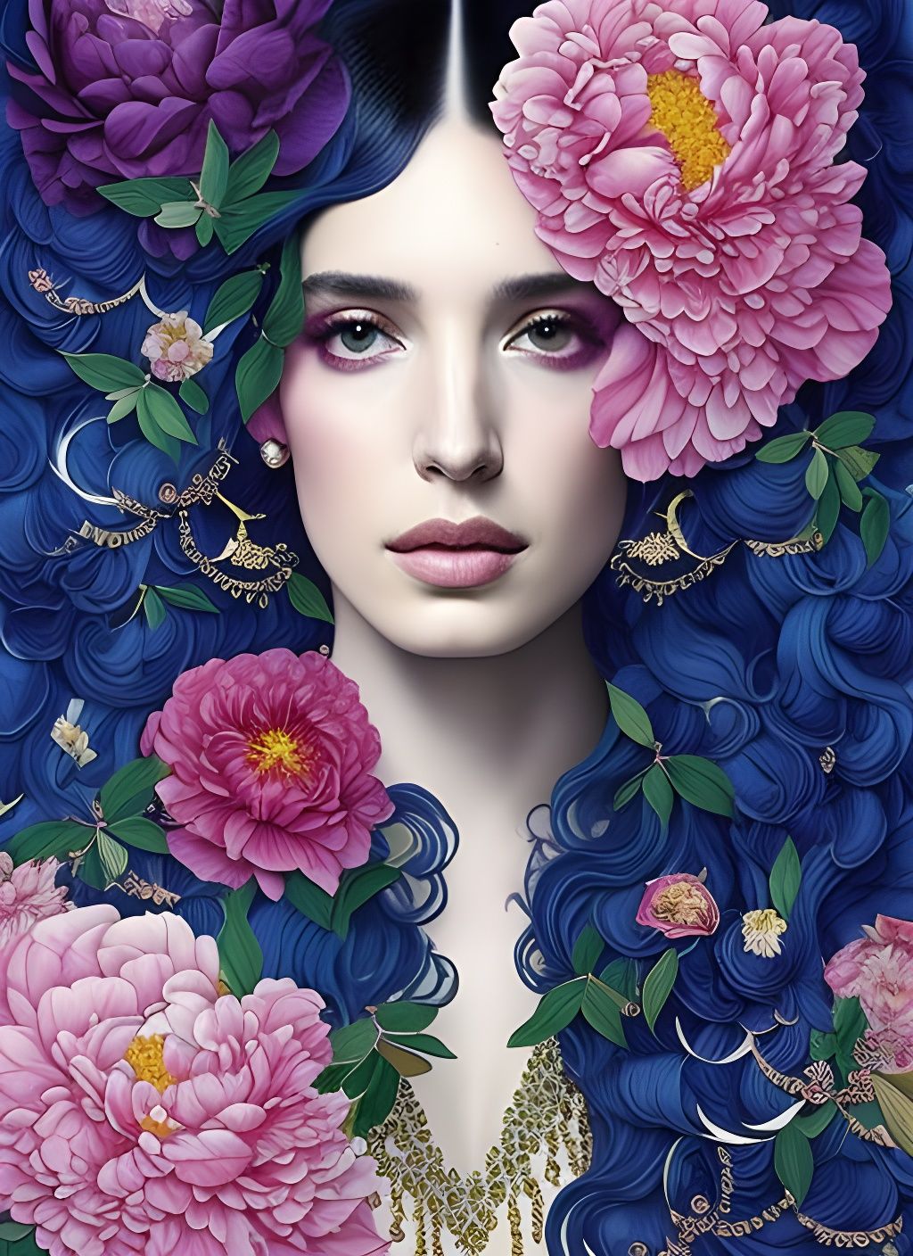 Peony Goddess Portrait in Art Nouveau Style