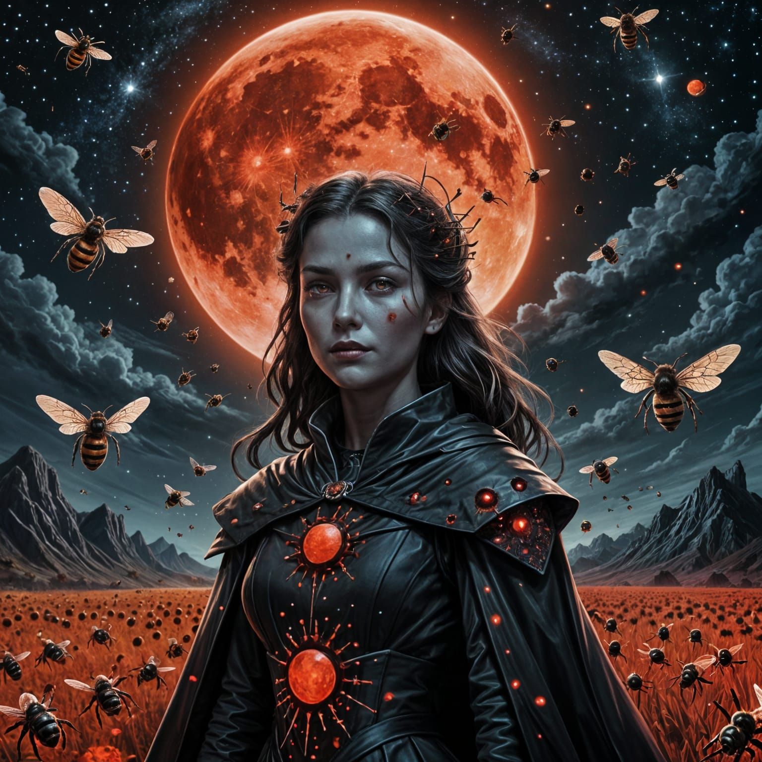 Gothic Queen of Dark Bees Under Bloody Red Moon