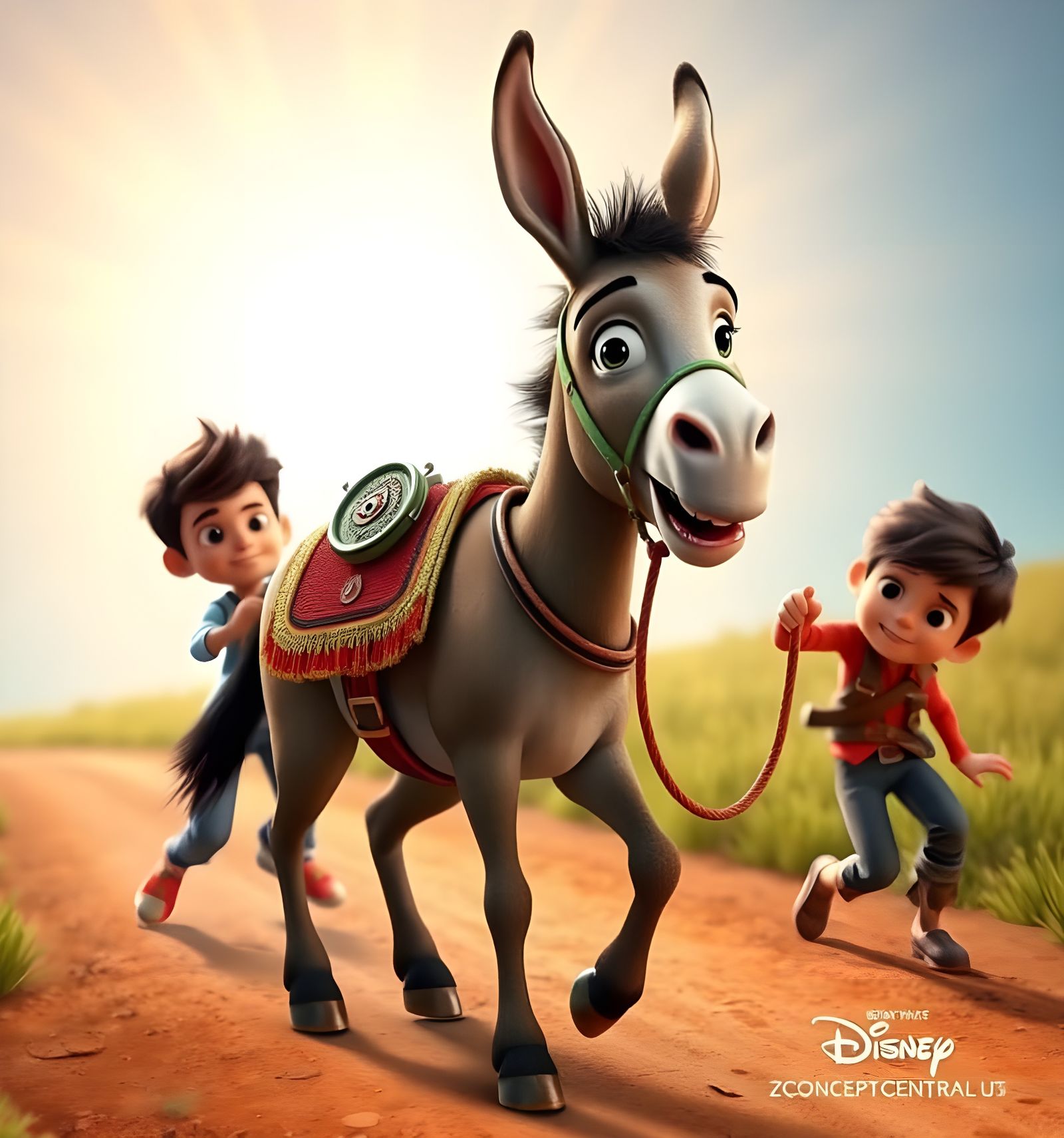 Stubborn Donkey and Child in Pixar Style