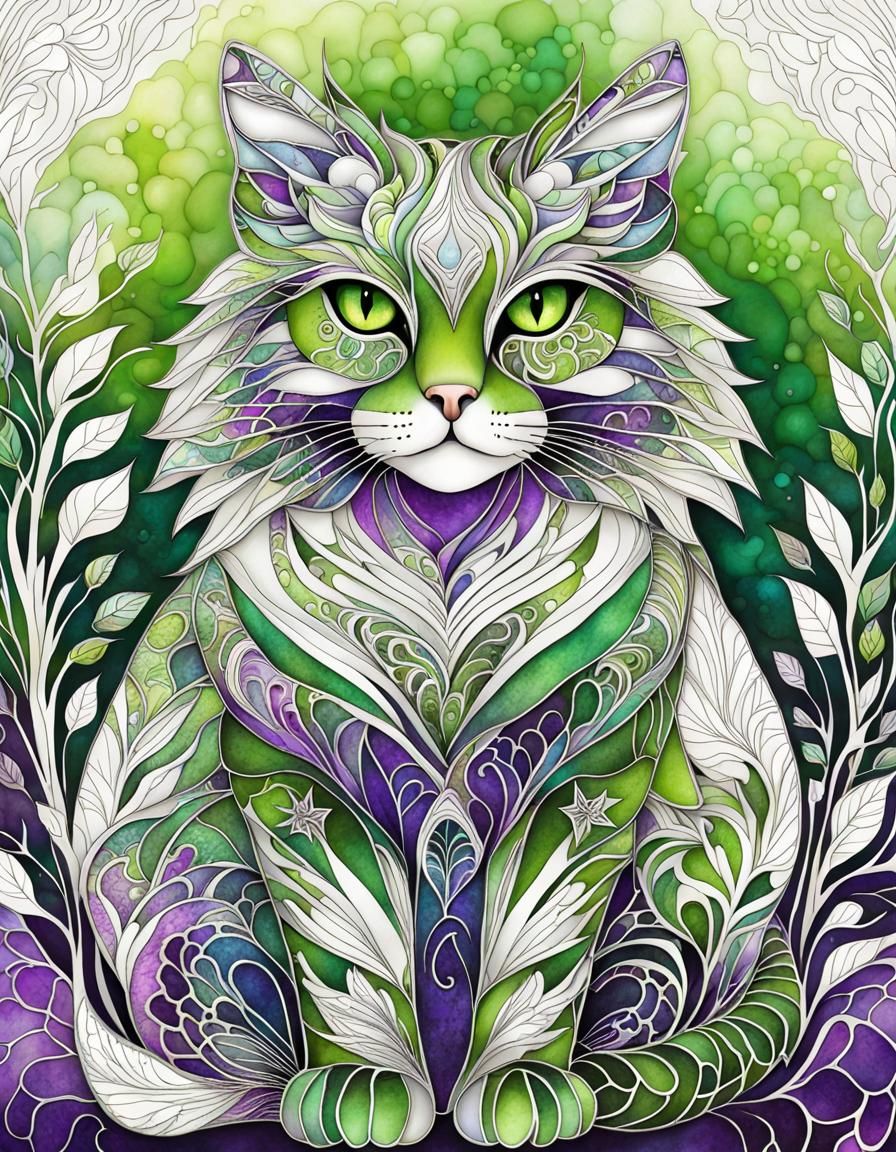 Cat in moss green and deep purple