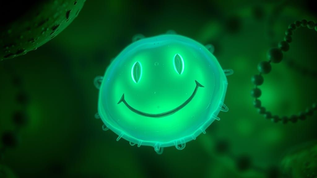 Bioluminescent Amoeba Smiley Face in Emerald Glow