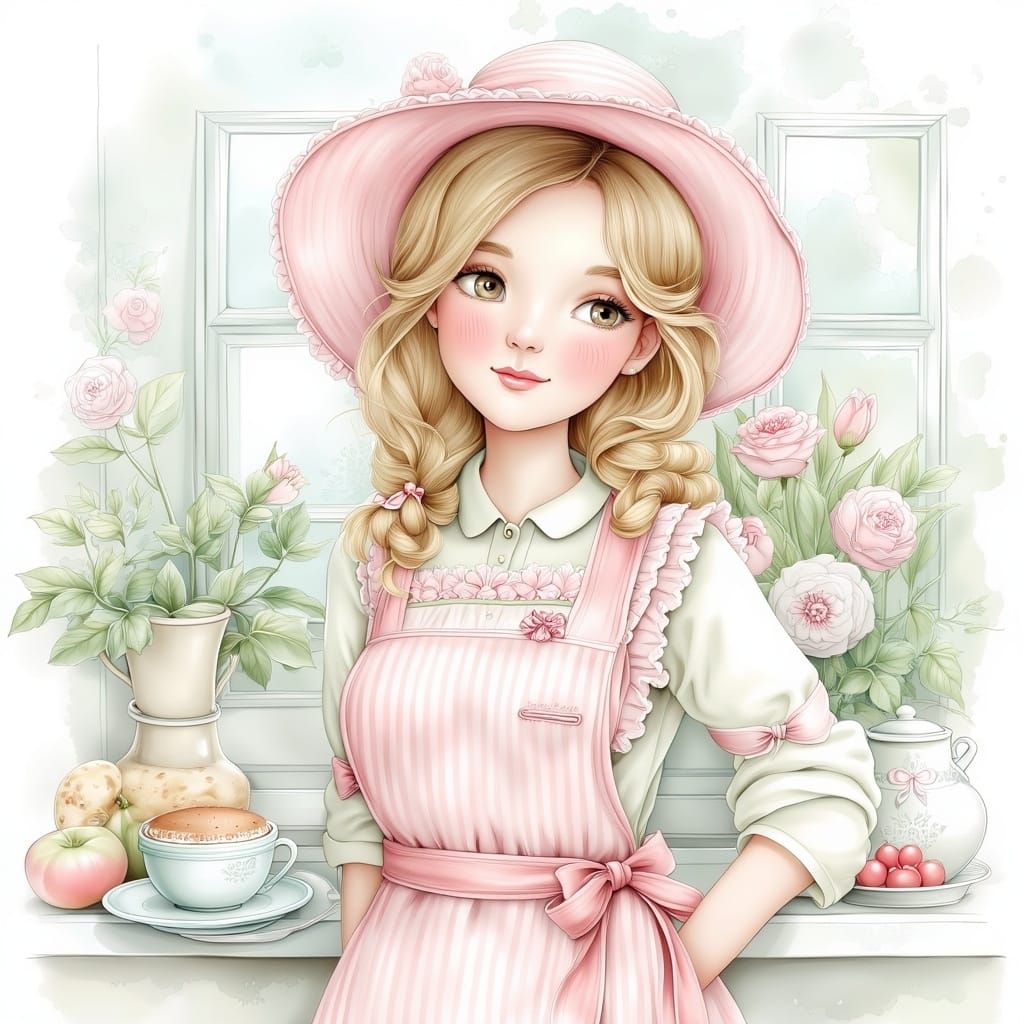 Charming Pastel Woman in Cozy Kitchen Scene