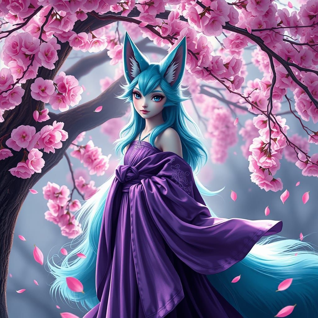 Kitsune Portrait with Cherry Blossoms in Semi-Realistic Styl...