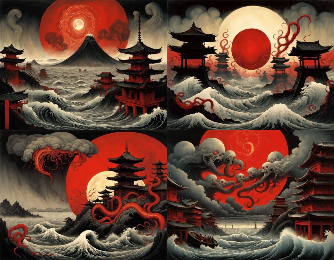 Surreal Ukiyo-e City Engulfed by Tentacle Waves