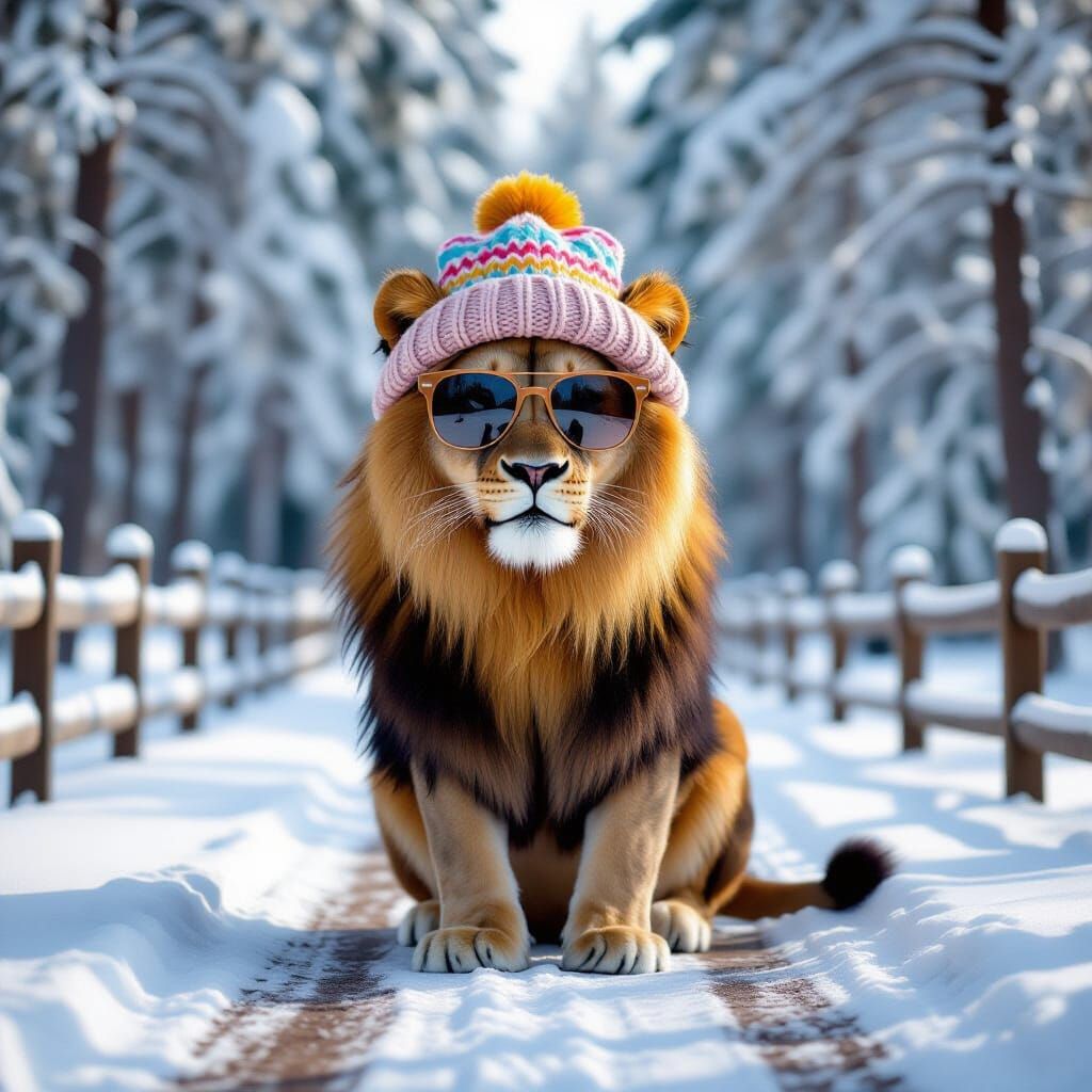 Lion Wearing Sunglasses and Hat in Snowy Forest