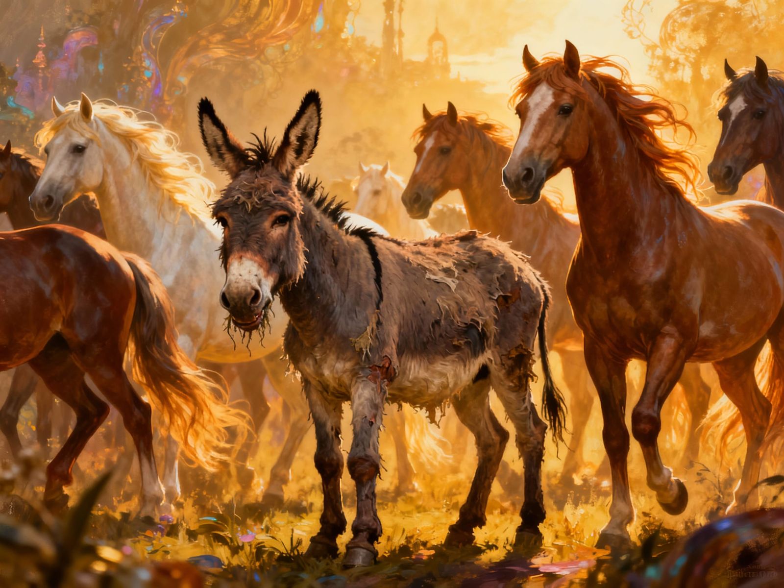 Ugly Donkey Among Majestic Horses Oil Painting