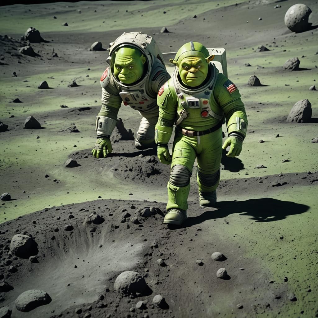 Shrek Takes First Step on Moon in Spacesuit