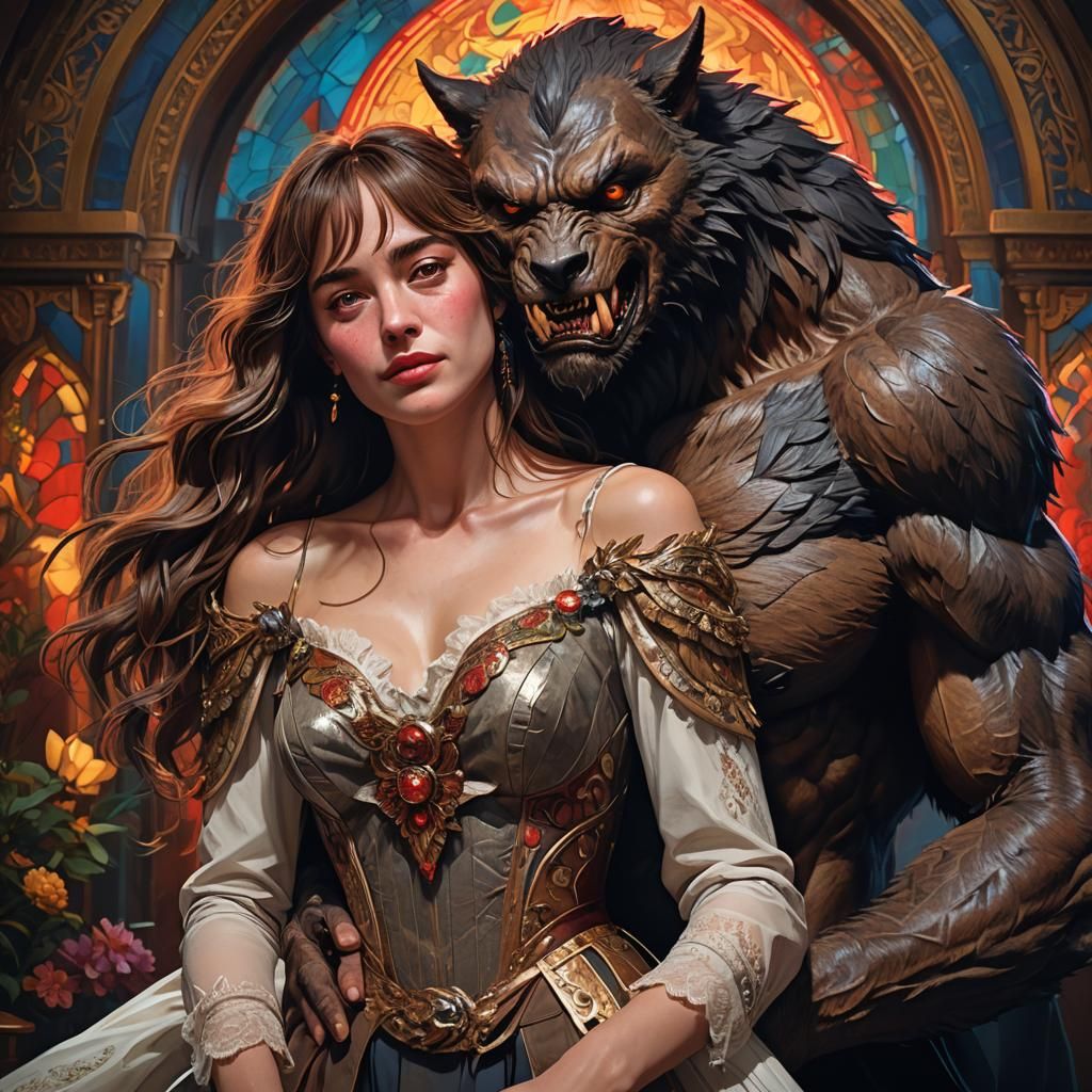 Werewolf Holds Dakota Johnson: Hyperrealistic Concept Art