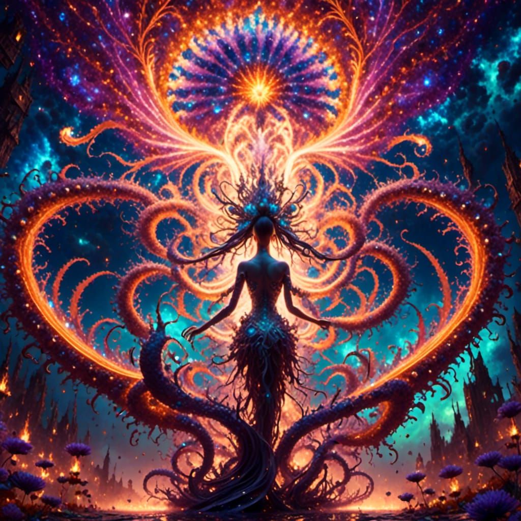 Mystical Fire Dancers in Fractal Forest