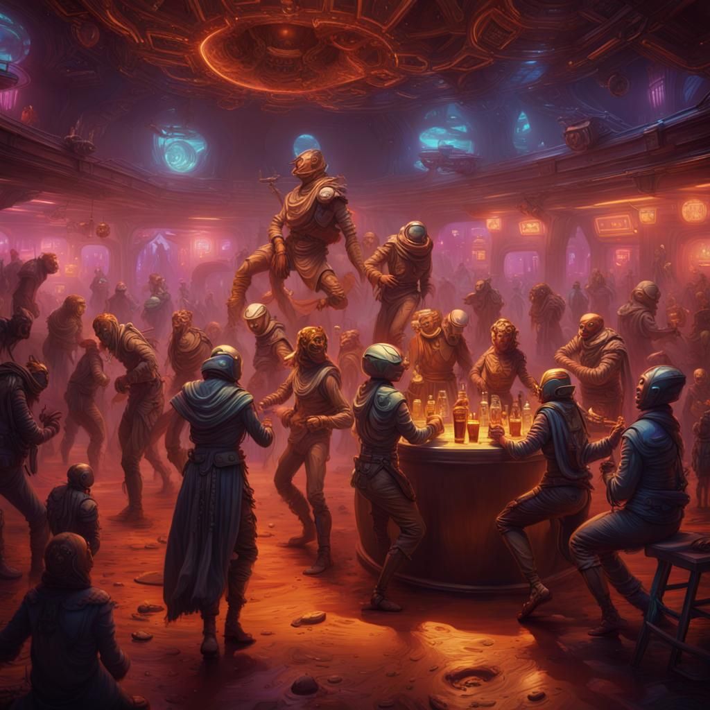 Nightclub Scene with Aliens in Detailed Matte Painting