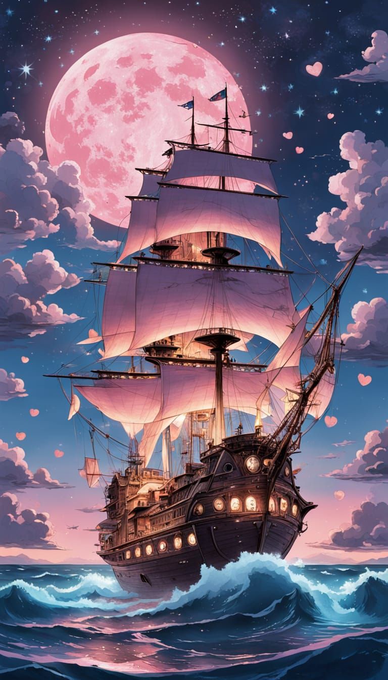 Magical Ship Under Pink Moon in Anime Style