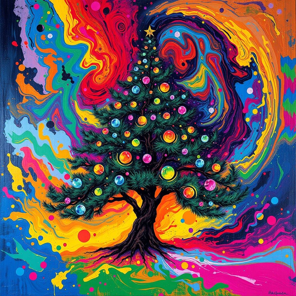 Psychedelic Christmas Tree in Vibrant Action Painting Style