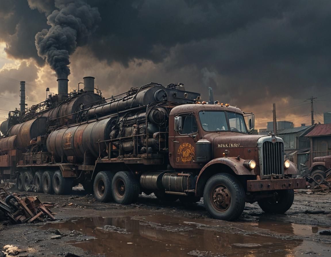 Dieselpunk Truck in Grim Industrial City at Sunset