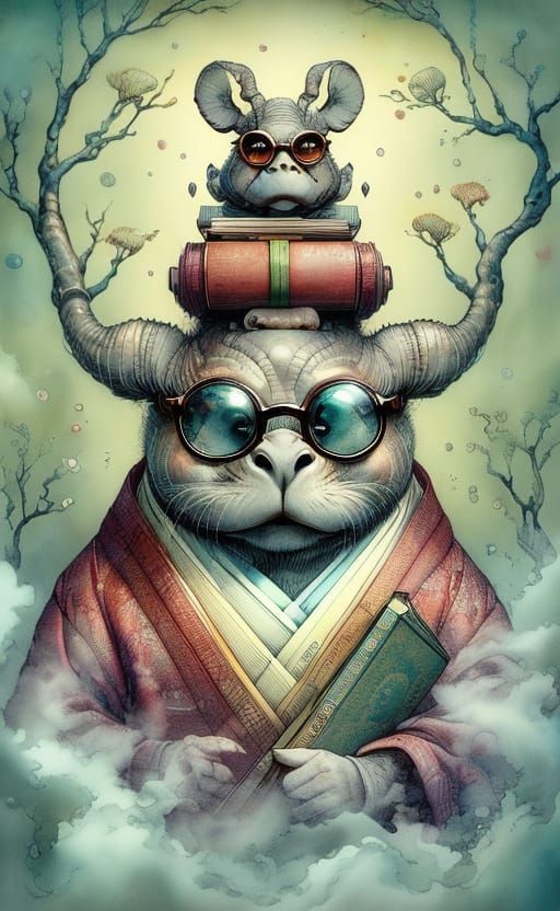 Charming Librarian and Tortoise Reading in Pastel Colors