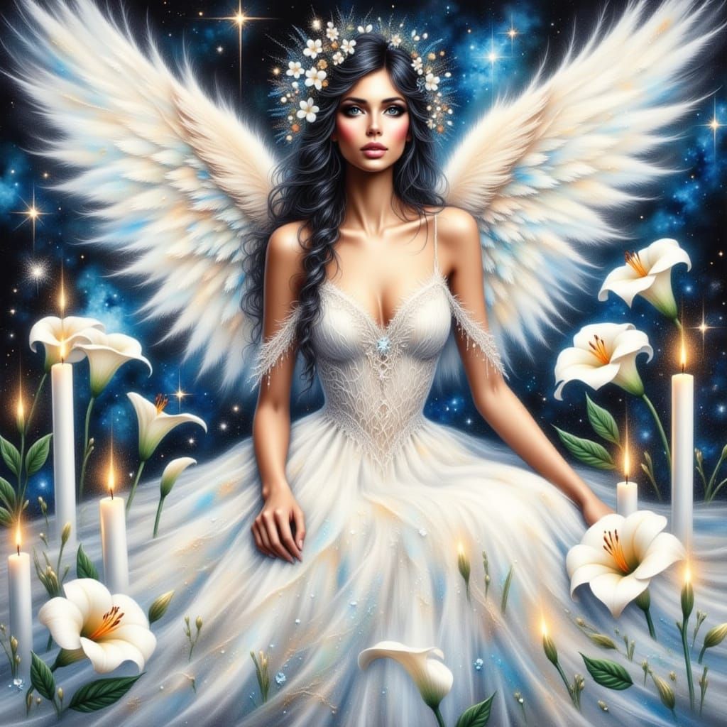 Graceful Angelic Madame in Space with Lilies