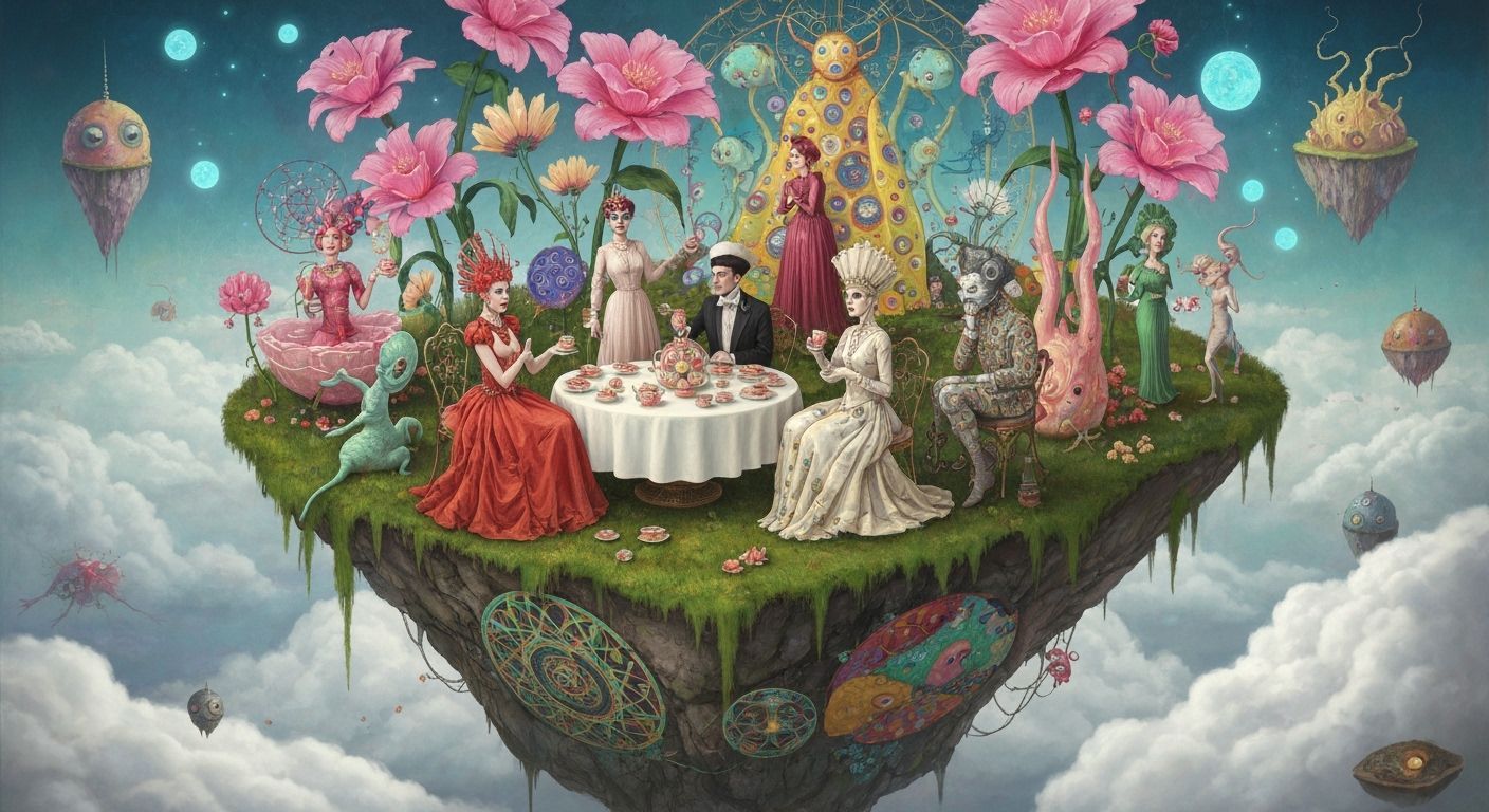 Surreal Tea Party on Floating Island with Bioluminescent Flo...